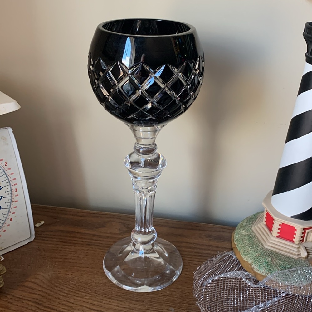 12” Vintage Black Cut To Clear Bohemian Lead Crystal Hurricane Votive 11.75”